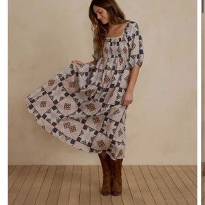 Rylee + Cru Geometric Midi Dress in Cream and Navy